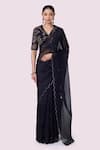 Buy_Onaya_Black Organza Embroidery Badla V Neck Scallop Border Saree With Blouse _at_Aza_Fashions