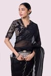 Onaya_Black Organza Embroidery Badla V Neck Scallop Border Saree With Blouse _Online_at_Aza_Fashions