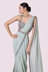 Onaya_Blue Lycra Net Embroidery Cutdana Border Pre-draped Saree With Blouse _Online_at_Aza_Fashions