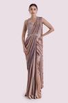 Buy_Onaya_Grey Crepe Embroidery Cheed Stripe Pattern Pre-stitched Saree With Blouse _at_Aza_Fashions