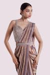 Onaya_Grey Crepe Embroidery Cheed Stripe Pattern Pre-stitched Saree With Blouse _Online_at_Aza_Fashions