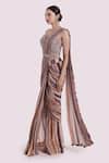 Onaya_Grey Crepe Embroidery Cheed Stripe Pattern Pre-stitched Saree With Blouse _at_Aza_Fashions