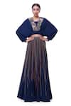 Buy_Onaya_Blue Georgette Embroidery Pearl V Neck Floral Placket Cape Top Skirt Set _at_Aza_Fashions