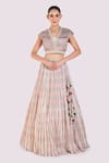 Buy_Onaya_Off White Chiffon Printed Chevron Blunt V Neck Pleated Skirt And Crop Top Set _at_Aza_Fashions