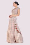 Shop_Onaya_Off White Chiffon Printed Chevron Blunt V Neck Pleated Skirt And Crop Top Set _Online_at_Aza_Fashions