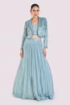 Buy_Onaya_Blue Georgette Embroidery Mirror Notched Collar Work Jacket Skirt Set _at_Aza_Fashions