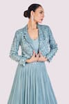 Onaya_Blue Georgette Embroidery Mirror Notched Collar Work Jacket Skirt Set _Online_at_Aza_Fashions