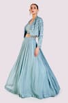 Shop_Onaya_Blue Georgette Embroidery Mirror Notched Collar Work Jacket Skirt Set _Online_at_Aza_Fashions