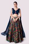 Buy_Onaya_Blue Silk Printed Floral V Neck Lehenga And Cropped Jacket Set _at_Aza_Fashions