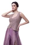 Onaya_Purple Organza Embroidery Cheed Leaf Neck Sequin Work Vest And Sharara Set _Online_at_Aza_Fashions