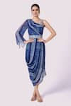 Buy_Onaya_Blue Georgette Embroidery Stripe Asymmetric Pattern Draped Dress With Belt _at_Aza_Fashions