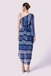 Shop_Onaya_Blue Georgette Embroidery Stripe Asymmetric Pattern Draped Dress With Belt _at_Aza_Fashions