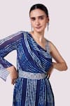 Onaya_Blue Georgette Embroidery Stripe Asymmetric Pattern Draped Dress With Belt _Online_at_Aza_Fashions