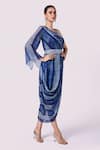 Buy_Onaya_Blue Georgette Embroidery Stripe Asymmetric Pattern Draped Dress With Belt _Online_at_Aza_Fashions