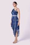 Shop_Onaya_Blue Georgette Embroidery Stripe Asymmetric Pattern Draped Dress With Belt _Online_at_Aza_Fashions