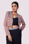 Onaya_Orange Satin Printed Geometric Lapel Collar Jacket Pant Set _Online_at_Aza_Fashions