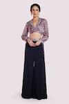 Buy_Onaya_Grey Georgette Printed Geometric Shawl Collar Crop Top And Pant Set _at_Aza_Fashions