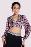 Onaya_Grey Georgette Printed Geometric Shawl Collar Crop Top And Pant Set _Online_at_Aza_Fashions