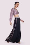 Shop_Onaya_Grey Georgette Printed Geometric Shawl Collar Crop Top And Pant Set _Online_at_Aza_Fashions