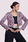 Shop_Onaya_Grey Georgette Printed Geometric Shawl Collar Jacket Pant Set _Online_at_Aza_Fashions