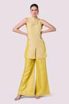 Buy_Onaya_Yellow Banarasi Silk Embroidery Thread Mandarin Work Kurta And Flared Pant Set _at_Aza_Fashions