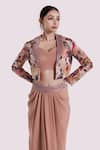 Shop_Onaya_Multi Color Lycra Printed Floral Notched Collar Jacket Draped Skirt Set _Online_at_Aza_Fashions