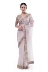 Buy_Onaya_Silver Organza Embroidery Aari V Neck Border Saree With Blouse _at_Aza_Fashions