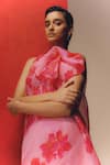 Richa Khemka_Pink Scuba Print Anthurium Round Neck Dress _Online_at_Aza_Fashions