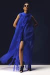 Shop_Richa Khemka_Blue Organza Applique Abstract Cowl Neck Azure Overlay With Dress _at_Aza_Fashions