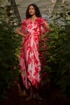 Buy_Richa Khemka_Red Organza Print Blossom Asymmetric Neck Draped Dress With Cape _at_Aza_Fashions