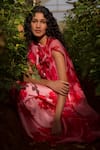 Shop_Richa Khemka_Red Organza Print Blossom Asymmetric Neck Draped Dress With Cape _at_Aza_Fashions