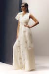 Shop_Richa Khemka_White Silk Embroidery Floral V Neck Calla Lilly Layered Jumpsuit _at_Aza_Fashions