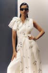 Richa Khemka_White Silk Embroidery Floral V Neck Calla Lilly Layered Jumpsuit _Online_at_Aza_Fashions