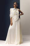 Buy_Richa Khemka_White Modal Satin Applique 3d Floral Asymmetric Neck Gypsy Draped Work Gown _at_Aza_Fashions