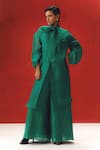 Buy_Richa Khemka_Green Organza Plain Tie-up Collar Palm Jacket With Jumpsuit _at_Aza_Fashions