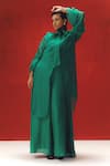 Shop_Richa Khemka_Green Organza Plain Tie-up Collar Palm Jacket With Jumpsuit _at_Aza_Fashions