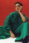 Richa Khemka_Green Organza Plain Tie-up Collar Palm Jacket With Jumpsuit _Online_at_Aza_Fashions