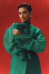 Richa Khemka_Green Organza Plain Tie-up Collar Palm Jacket With Jumpsuit _at_Aza_Fashions