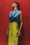 Richa Khemka_Blue Satin Embroidery Cutdana Cowl Neck Pavone Floral Pattern Dress _Online_at_Aza_Fashions