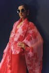 Richa Khemka_Pink Modal Satin Print Floral Shawl Collar Roziena Pattern Overlay With Dress _Online_at_Aza_Fashions