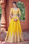 Buy_Azeera_Yellow Silk Blend Embroidered Floral Plunged Neck Lehenga Set _Online