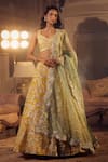 Azeera_Yellow Embroidered Floral Vines Glass Neck Mukesh Lehenga Set 