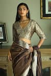 Buy_Shorshe Clothing_Brown Brocade Floral V Neck Lace Detailed Saree Blouse _at_Aza_Fashions