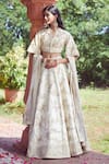 Azeera_Ivory Silk Blend Embroidered Floral Notched V Rose Vine Lehenga Set 