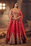 Shop_Azeera_Red Embroidered Floral Leaf Neck Zeenath Bridal Lehenga Set _at_Aza_Fashions