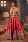 Azeera_Red Embroidered Floral Leaf Neck Zeenath Bridal Lehenga Set _at_Aza_Fashions