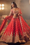 Azeera_Red Embroidered Floral Leaf Neck Zeenath Bridal Lehenga Set _Online