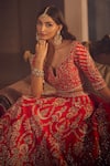 Azeera_Red Embroidered Floral Leaf Neck Zeenath Bridal Lehenga Set 