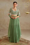 Buy_Chhavvi Aggarwal_Green Georgette Embroidered Sequin U-neck Tiered Plain Lehenga Set _at_Aza_Fashions