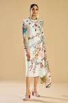 Buy_Rajdeep Ranawat_Ivory Silk Print Gardenia Closed High Neck Embellished Midi Dress _at_Aza_Fashions